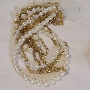 Bold Statement Necklace - 7 Strands Various Sizes Goldtone Chains & Pearl Beads